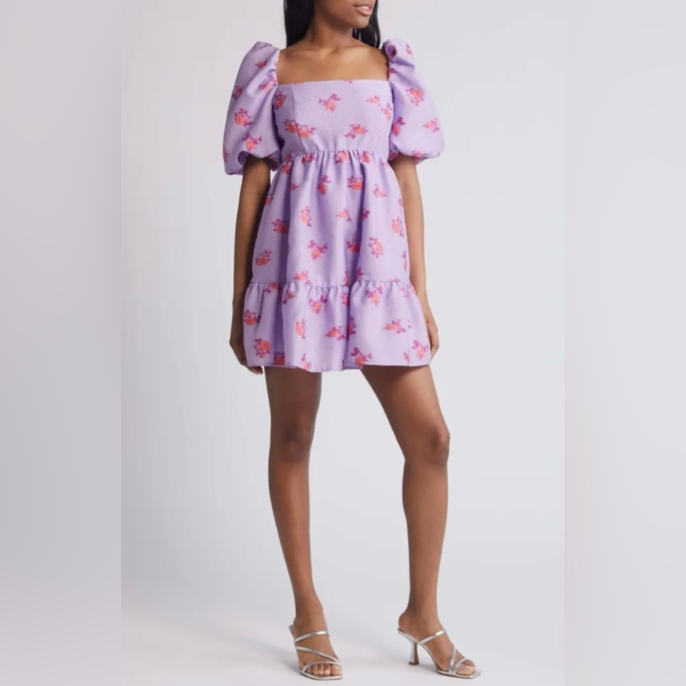 Chelsea28 Brocade Puff Sleeve Babydoll Dress in Purple Lupine Floral Size XL